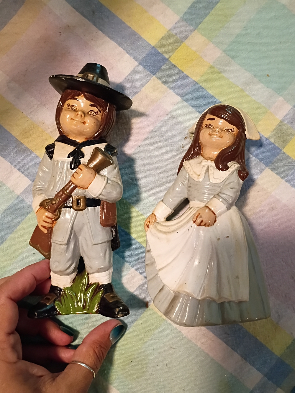 Hand-Painted Ceramic Pilgrim Boy and Girl Figurines